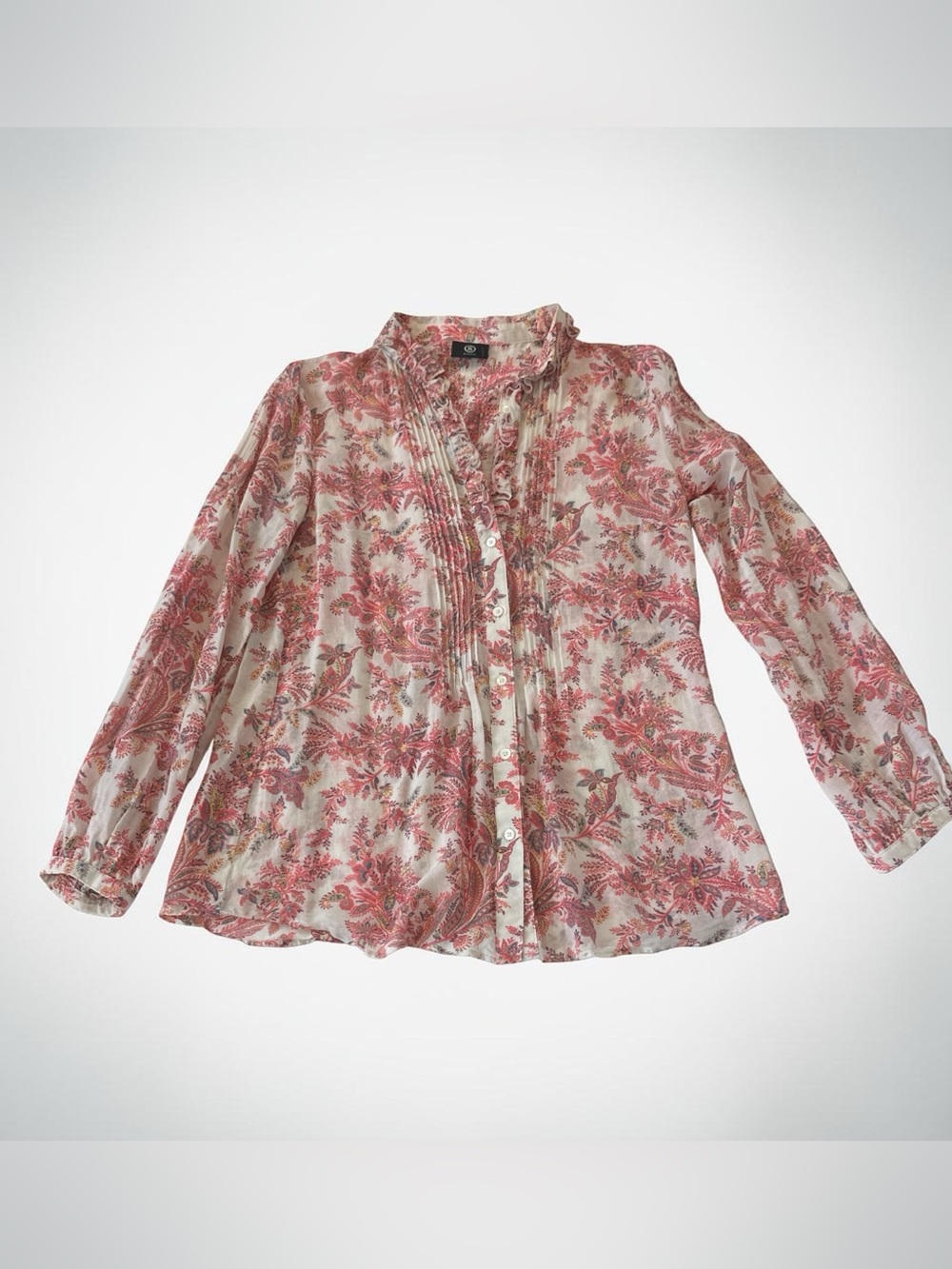Bogner Floral Ruffle Pintuck Button Down Blouse - Picture 2 of 8